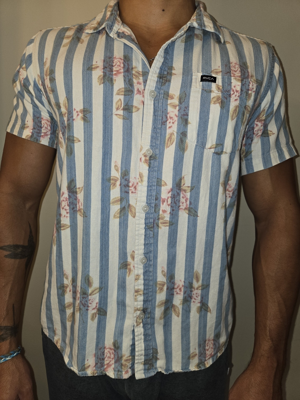 RVCA Blue & White Vertical Stripe Floral Short Sleeve Button Down Shirt